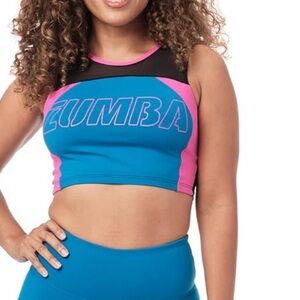 Zumba NWT Neon‎ Color Block Pink/Blue/Black Mesh Back Crop Athletic Sports Bra